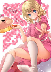 Rule 34 | 1girl, amasora taichi, blonde hair, blue eyes, bow, breasts, character name, copyright name, doseisan, dress, english text, engrish text, feet, frying pan, hair bow, holding, kneehighs, looking at viewer, medium breasts, mother (game), mother 2, nintendo, no shoes, paula (mother 2), pink bow, pink dress, ranguage, short hair, short sleeves, smile, socks, solo, white socks