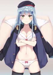 Rule 34 | 1girl, absurdres, beret, blue hair, blunt bangs, blush, bow, bow panties, breasts, bushinofuji, closed mouth, cowboy shot, crossed arms, girls&#039; frontline, green eyes, groin, hair ornament, hat, highres, hk416 (girls&#039; frontline), jacket, large breasts, legs apart, long hair, looking at viewer, multiple views, navel, open clothes, open jacket, panties, simple background, skindentation, smile, smug, stomach, thighs, underwear, white panties, zoom layer