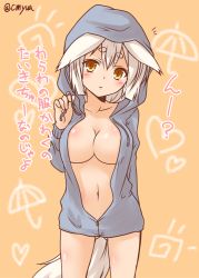 Rule 34 | 1girl, animal ears, blonde hair, breasts, collarbone, eyebrows, female focus, fox ears, fox tail, hood, hoodie, kohaku (yua), large breasts, looking at viewer, naked hoodie, navel, no bra, no panties, open clothes, open hoodie, original, simple background, slit pupils, solo, tail, thick eyebrows, translation request, unzipped, yellow eyes, yua (checkmate), zipper