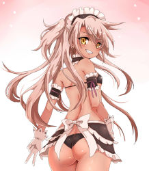 Rule 34 | 1girl, alternate costume, apron, ass, blush, breasts, butt crack, chaba (cyazuke), chloe von einzbern, dark-skinned female, dark skin, enmaided, fate/kaleid liner prisma illya, fate (series), frilled apron, frills, from behind, grin, highres, long hair, looking at viewer, looking back, maid, maid headdress, one side up, panties, parted lips, pink hair, shiny skin, small breasts, smile, solo, teeth, underwear, waist apron, white apron, yellow eyes