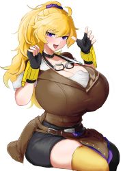 Rule 34 | 1girl, ahoge, artist name, blush, breasts, choker, cleavage, collarbone, fingerless gloves, gauntlets, gigantic breasts, gloves, goggles, highres, huge breasts, jacket, long hair, looking at viewer, odakubara, open mouth, ponytail, purple eyes, rwby, scrunchie, shorts, smile, solo, thighhighs, thighs, white background, yang xiao long