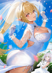 Rule 34 | 2girls, alternate costume, ass, backless dress, backless outfit, blonde hair, blue sky, breasts, bridal veil, chinese commentary, clear sky, cleavage, cleavage cutout, clothing cutout, commentary, cowboy shot, dark-skinned female, dark skin, day, dress, ekao, elbow gloves, english commentary, eyelashes, flower knot, gloves, green eyes, grin, hair between eyes, holding, hololive, kintsuba (shiranui flare), large breasts, lips, lipstick, long hair, looking at viewer, makeup, mixed-language commentary, motion blur, multiple girls, outdoors, parted lips, petals, pointy ears, ponytail, red eyes, red lips, see-through, see-through sleeves, shiranui flare, shirogane noel, short hair, silver hair, sky, smile, tassel, tiara, veil, virtual youtuber, wedding dress, white dress, white gloves, wrist cuffs