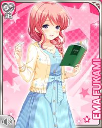 Rule 34 | 1girl, blue dress, book, braid, card (medium), character name, dress, fukami ema, girlfriend (kari), jacket, long hair, official art, open mouth, pink background, pink hair, purple eyes, qp:flapper, smile, standing, striped clothes, striped dress, summer, sweater, tagme, yellow sweater