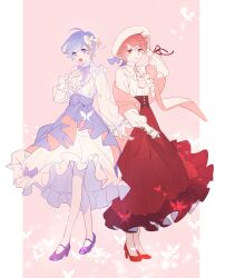Rule 34 | 2girls, alternate costume, blue eyes, blue hair, boater hat, bow, butterfly background, commentary, dress, fndlwm re, frilled dress, frills, full body, hair bow, hand on own chest, high heels, highres, korean commentary, long sleeves, looking at viewer, multiple girls, open mouth, pumps, ram (re:zero), re:zero kara hajimeru isekai seikatsu, red eyes, red hair, rem (re:zero), short hair, siblings, sisters, smile, teeth, twins, upper teeth only