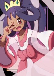 Rule 34 | &gt; o, 1girl, ;d, bow, brown eyes, collarbone, commentary request, creatures (company), dark-skinned female, dark skin, eyelashes, game freak, hair rings, hand up, iris (pokemon), long hair, looking at viewer, nintendo, one eye closed, open mouth, pink bow, pink skirt, pokemon, pokemon bw2, shirt, skirt, smile, solo, sou (dai 4n you), tiara, tongue, v, v-neck, white shirt, wide sleeves