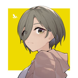 Rule 34 | 1girl, border, brown eyes, brown jacket, closed mouth, commentary request, girls band cry, grey hair, hair over one eye, jacket, mole, mole under eye, rupa (girls band cry), short hair, simple background, solo, white border, yellow background, yun cao bing