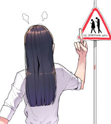 Rule 34 | 1girl, angry, arm at side, back, black hair, brown hair, facing away, fingernails, gradient hair, grey background, hand up, highres, long hair, middle finger, multicolored hair, ohasi, original, road sign, shirt, sign, simple background, sleeves rolled up, solo, upper body, white background, white shirt