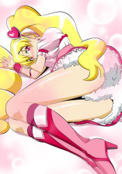 Rule 34 | 00s, 1girl, blonde hair, blush, boots, cure peach, fresh precure!, fuchi (nightmare), hair ornament, heart, heart hair ornament, highres, knee boots, light particles, long hair, looking at viewer, lying, magical girl, momozono love, on side, pink eyes, pink footwear, precure, shiny skin, skirt, smile, solo, twintails, wrist cuffs