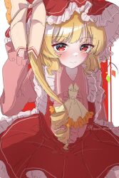 Rule 34 | 1girl, absurdres, adapted costume, blonde hair, blush, center frills, closed mouth, collarbone, commentary request, cowboy shot, crystal, dress, drill hair, flandre scarlet, frills, hand up, highres, light smile, long hair, long sleeves, looking at viewer, medium hair, minase melon5, one side up, red dress, red eyes, simple background, solo, touhou, white background, wings