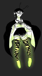 Rule 34 | 1girl, absurdres, antennae, belt, black shorts, cape, full body, glowing, green thighhighs, grey background, highres, looking at viewer, one-hour drawing challenge, shirt, short hair, shorts, solo, thigh strap, thighhighs, touhou, two-sided cape, two-sided fabric, uokin2, white shirt, wriggle nightbug