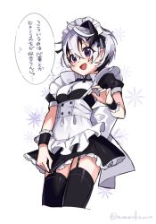 Rule 34 | 1girl, apron, black ribbon, black thighhighs, blush, commentary, cowboy shot, cropped legs, dress, floral background, flower (vocaloid), flower (vocaloid4), frilled apron, frilled cuffs, frilled dress, frills, garter straps, hand up, highres, maid, maid apron, maid headdress, multicolored hair, neck ribbon, nou (nounknown), open mouth, puffy sleeves, purple eyes, purple hair, ribbon, short hair, short sleeves, skirt, skirt tug, smile, solo, speech bubble, streaked hair, sweatdrop, thighhighs, translated, twitter username, vocaloid, white background, white hair, wrist cuffs, zettai ryouiki