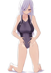Rule 34 | 1girl, absurdres, black eyes, blush, breasts, collarbone, competition swimsuit, grey hair, hair over one eye, highres, kneeling, large breasts, long hair, looking down, one-piece swimsuit, one-piece tan, original, purple one-piece swimsuit, rucchiifu, simple background, solo, swimsuit, tan, tanline, white background