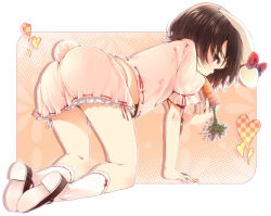 Rule 34 | 1girl, all fours, animal ears, ass, bad id, bad pixiv id, bent over, blush, brown eyes, brown hair, buriki, carrot, eating, female focus, from behind, heart, inaba tewi, legs, looking back, mary janes, midriff, mouth hold, rabbit ears, rabbit girl, rabbit tail, ribbon, sexually suggestive, shoe soles, shoes, skirt, solo, tail, touhou