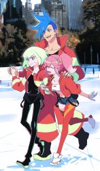 Rule 34 | 1girl, 2boys, aina ardebit, blonde hair, blue hair, earrings, galo thymos, holding hands, ice skating, jacket, jewelry, josei (artist), lio fotia, midriff, multiple boys, open mouth, outdoors, pants, pink hair, promare, purple eyes, shorts, side ponytail, skating, smile, thighhighs