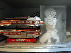 Rule 34 | 1girl, asian, barefoot, bra, clenched teeth, cold, feet, food, frozen, in container, in refrigerator, japanese (nationality), korean text, lingerie, mapo tofu, monochrome, panties, paper child, papercraft (medium), photo (medium), refrigerator, sasaki yukinojou, solo, teeth, unconventional media, underwear, underwear only