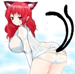Rule 34 | 1girl, alternate hairstyle, animal ears, ass, bent over, breasts, cat ears, cat girl, cat tail, dress shirt, extra ears, female focus, hair down, han (jackpot), huge breasts, kaenbyou rin, leaning forward, long hair, looking back, multiple tails, no pants, panties, pointy ears, profile, red eyes, red hair, shirt, solo, standing, tail, touhou, underwear, wet, white panties