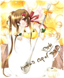 Rule 34 | 1girl, blush, bow, bracelet, brown eyes, brown hair, cherry, cup, dress, english text, fantasy, food, fruit, hair ornament, jewelry, leaf, long hair, looking at viewer, original, solo, soumoto mina, spoon, table, tea, wings, yellow bow, yellow dress