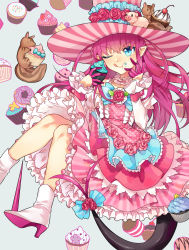 Rule 34 | 1girl, absurdres, alternate costume, bad id, bad pixiv id, blue eyes, blush, boots, bow, commentary request, cupcake, detached sleeves, dragon tail, dress, elizabeth bathory (fate), elizabeth bathory (fate/extra ccc), elizabeth bathory (third ascension) (fate), fate/grand order, fate (series), flower, food, hat, high heel boots, high heels, highres, horns, long hair, looking at viewer, one eye closed, pink flower, pink hair, pink hat, platinum (o0baijin0o), pointy ears, rose, slit pupils, smile, solo, striped clothes, striped dress, striped headwear, stuffed animal, stuffed toy, sweets, tail, tongue, tongue out, vertical-striped clothes, vertical-striped dress, vertical-striped headwear, white footwear