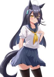 Rule 34 | 1girl, ahoge, alternate costume, animal ears, arm behind back, black hair, black thighhighs, blue sailor collar, blue skirt, closed mouth, commentary request, cowboy shot, earrings, hair between eyes, hair over one eye, hand on own chest, hand up, highres, hojichabu, horse ears, horse girl, horse tail, jewelry, long bangs, long hair, looking at viewer, manhattan cafe (umamusume), neckerchief, pleated skirt, puffy short sleeves, puffy sleeves, sailor collar, school uniform, serafuku, shirt, shirt tucked in, short sleeves, simple background, single earring, skirt, smile, solo, standing, tail, thighhighs, umamusume, white background, white shirt, yellow eyes, yellow neckerchief