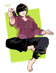 Rule 34 | 1boy, barefoot, black hair, black pants, da shuang (the legend of luoxiaohei), drawstring, facial hair, green background, hair over eyes, highres, holding, holding stylus, hood, hood down, hoodie, invisible chair, long sleeves, male focus, mustache, pants, purple hoodie, short hair, sitting, solo, stylus, luo xiaohei zhanji, vox