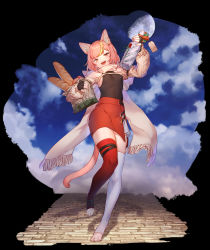 Rule 34 | 1girl, :d, absurdres, animal ear fluff, animal ears, animal feet, asymmetrical legwear, blonde hair, bodystocking, bottle, breasts, cat ears, cat girl, cat tail, fingerless gloves, gloves, highres, holding, holding bottle, lingxia, long sleeves, looking at viewer, mismatched legwear, multicolored hair, open mouth, original, pink eyes, pink hair, red skirt, red thighhighs, short eyebrows, short hair, skirt, small breasts, smile, solo, stirrup legwear, streaked hair, tail, thick eyebrows, thighhighs, toeless legwear, white thighhighs