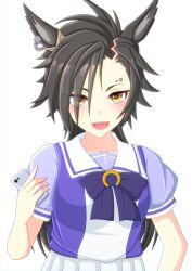 Rule 34 | 1girl, 2-butani, absurdres, air shakur (umamusume), animal ears, black hair, bow, bowtie, cellphone, commentary request, eyebrow piercing, highres, holding, holding phone, horse ears, horse girl, horseshoe ornament, long hair, looking at viewer, open mouth, phone, piercing, puffy short sleeves, puffy sleeves, purple bow, purple bowtie, purple serafuku, purple shirt, sailor collar, sailor shirt, school uniform, serafuku, shirt, short sleeves, simple background, smartphone, smile, solo, tracen school uniform, umamusume, upper body, white background, yellow eyes