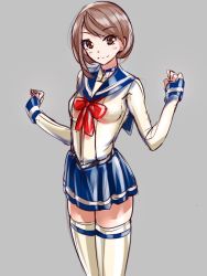 Rule 34 | 1girl, breasts, brown eyes, brown hair, fumi11gou, grey background, latex, light smile, long sleeves, original, ribbon, school uniform, serafuku, shiny clothes, simple background, skin tight, skindentation, skirt, small breasts, smile, solo, thighhighs, zettai ryouiki