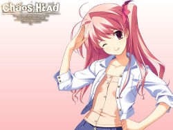 Rule 34 | 00s, 1girl, antenna hair, bow, chaos;head, lowres, one eye closed, one side up, pink hair, pink theme, ribbon, sakihata rimi, salute, solo, wink