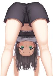 Rule 34 | 1girl, absurdres, all fours, ass, bare legs, black shorts, black sports bra, blue eyes, blush, brown hair, cameltoe, character name, closed mouth, commentary request, cropped shirt, eyelashes, feet out of frame, from behind, gradient eyes, green eyes, highres, hololive, hololive dance practice uniform, kneepits, legs, looking at viewer, looking through own legs, medium hair, midriff, multicolored eyes, navel, official alternate costume, oozora subaru, shirt, short shorts, shorts, simple background, solo, sports bra, starkamisan, thighs, view between legs, virtual youtuber, white background, white shirt