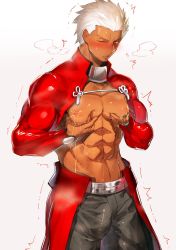Rule 34 | 1boy, abs, archer (fate), black pants, blush, breath, bulge, cowboy shot, erection, erection under clothes, fate/stay night, fate (series), grey background, haiki (tegusu), lactation, male focus, nagatekkou, nipples, one eye closed, pants, parted lips, grabbing own breast, shrug (clothing), simple background, solo, white hair, wince