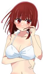 Rule 34 | 1girl, alternate breast size, arima kana, arm under breasts, averting eyes, bikini, blush, bob cut, breasts, cleavage, closed mouth, commentary request, embarrassed, eyelashes, furrowed brow, halterneck, hand up, highres, holding, holding hair, inverted bob, large breasts, looking to the side, navel, oshi no ko, red eyes, red hair, simple background, solo, swimsuit, upper body, uriumi sub, white background, white bikini