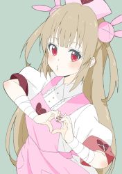 Rule 34 | 1girl, absurdres, apron, armband, bad id, bad twitter id, bandages, blush, donguri suzume, hair ornament, hat, heart, heart hands, highres, light brown hair, long hair, looking at viewer, natori sana, nurse cap, pink apron, pink hat, puffy short sleeves, puffy sleeves, pursed lips, rabbit hair ornament, red eyes, sana channel, short sleeves, solo, two side up, very long hair, virtual youtuber