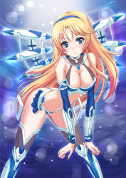 Rule 34 | 1girl, armor, blonde hair, blue eyes, bra, breasts, chaki-yam, cleavage, elbow gloves, gloves, large breasts, leaning forward, legs, long hair, long legs, mecha musume, original, revealing clothes, skirt, solo, thighhighs, thighs, underwear