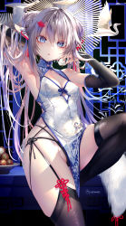 Rule 34 | 1girl, 9a-91 (girls&#039; frontline), absurdres, alternate costume, alternate hairstyle, arm up, black panties, black thighhighs, blue eyes, blush, braid, braided bun, breasts, bridal gauntlets, china dress, chinese clothes, cleavage cutout, clothing cutout, double bun, dress, eyelashes, garter straps, girls&#039; frontline, hair between eyes, hair bun, highleg, highleg panties, highres, holding, long hair, lychee, medium breasts, panties, parted lips, pelvic curtain, pottsness, side cutout, skindentation, solo, tassel, thighhighs, thighs, twitter username, underwear, very long hair