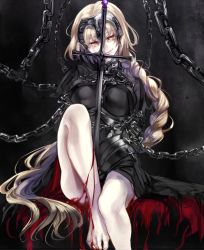 Rule 34 | 1girl, armor, armored dress, bad id, bad pixiv id, barefoot, blonde hair, blood, braid, breasts, capelet, chain, chained, fate/grand order, fate (series), headpiece, jeanne d&#039;arc (fate), jeanne d&#039;arc alter (avenger) (fate), jeanne d&#039;arc alter (fate), koko (oyasuminasai), large breasts, long hair, looking at viewer, md5 mismatch, open mouth, ruler (fate/grand order), single braid, sitting, smile, solo, sword, tears, weapon, yellow eyes