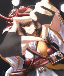 Rule 34 | 1girl, absurdres, bag, black background, breasts, brown hair, camera, closed mouth, dutch angle, finger frame, hair between eyes, handbag, hat, highres, japanese clothes, kimono, kourindou tengu costume, long sleeves, looking at viewer, mask, medium breasts, obi, official alternate costume, one eye closed, oubachiago, pom pom (clothes), procreate (medium), red eyes, red hat, sash, shameimaru aya, short hair, signature, simple background, smile, solo, tengu mask, tokin hat, touhou, upper body, white kimono, wide sleeves