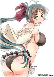 Rule 34 | 10s, 1girl, 2016, ahoge, ass, bare shoulders, bikini, black bikini, bow, breasts, bright background, dated, dress shirt, from behind, green eyes, green hair, grey hair, hair bow, hair ornament, hair ribbon, irako (kancolle), jacket, kantai collection, large breasts, long hair, long sleeves, looking at viewer, looking back, moke ro, off shoulder, open mouth, ponytail, ribbon, shirt, smile, solo, swimsuit, twitter username, undressing