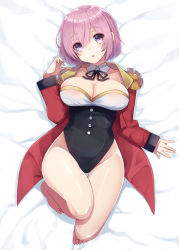Rule 34 | 1girl, :o, bad id, bad pixiv id, bare legs, barefoot, bed sheet, black leotard, black ribbon, blush, breasts, cleavage, collar, collarbone, commentary request, detached collar, epaulettes, fate/grand order, fate (series), full body, gold trim, groin, hair between eyes, head tilt, highleg, highleg leotard, jacket, large breasts, leotard, long sleeves, looking at viewer, lying, mash kyrielight, mash kyrielight (welcome to the travelling circus!), neck ribbon, official alternate costume, on back, open clothes, open jacket, parted lips, pink hair, purple eyes, red jacket, ribbon, short hair, sleeves past wrists, solo, welcome to the travelling circus!, white collar, yuzu-aki