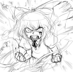 Rule 34 | 1girl, angry, bad id, bad pixiv id, blood, cirno, clenched hands, face, greyscale, monochrome, open mouth, ribbon, sketch, solo, spacezin, tears, touhou