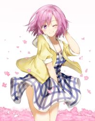 Rule 34 | blush, checkered clothes, checkered dress, clothes lift, cowboy shot, dress, fate/grand order, fate (series), hair between eyes, hand in own hair, hand on own head, highres, mash kyrielight, mash kyrielight (senpai killer outfit), official alternate costume, one eye closed, pink eyes, pink hair, short hair, skirt, solo, standing, wink