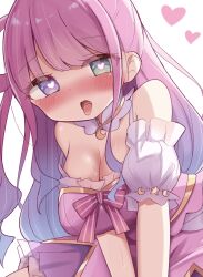 Rule 34 | 1girl, absurdres, breasts, cleavage, dress, gradient hair, green eyes, heart, heart-shaped pupils, heterochromia, highres, himemori luna, himemori luna (1st costume), hololive, kanami9731, large breasts, long hair, multicolored hair, open mouth, pink dress, pink hair, purple eyes, purple hair, solo, symbol-shaped pupils, tongue, tongue out, virtual youtuber