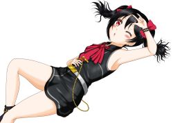 Rule 34 | 1girl, :o, ;o, artist name, artist request, bare legs, bare shoulders, belt, black footwear, black hair, black shirt, black skirt, blush, bow, bracelet, breasts, collared shirt, earrings, female focus, flat chest, hair between eyes, hair bow, hand on own stomach, heart, heart earrings, highres, jewelry, knee up, long hair, looking at viewer, love live!, love live! school idol festival, love live! school idol project, m/, miniskirt, neckerchief, nico nico nii, one eye closed, parted lips, pearl bracelet, plaid, plaid skirt, pleated, pleated skirt, red bow, red eyes, red neckerchief, shirt, shoes, short hair, short twintails, skirt, small breasts, smile, solo, twintails, white background, white belt, yazawa nico
