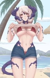 Rule 34 | 1girl, akane tsukiko, au ra, warrior of light (ff14), beach, bikini, blonde hair, blue shorts, blush, boat, bow, breasts, clothes lift, cowboy shot, denim, denim shorts, final fantasy, final fantasy xiv, fingernails, freckles, hair bow, highres, horns, large breasts, lifting own clothes, looking at viewer, medium hair, monster girl, multiple horns, nail polish, navel piercing, open clothes, open shorts, original, palm tree, parted lips, piercing, red bikini, red eyes, red nails, sand, scales, seashell, shell, shellvi, shirt, shirt lift, short shorts, shorts, solo, standing, swimsuit, tail, tree, watercraft, white shirt
