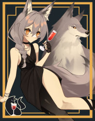 Rule 34 | 1girl, absurdres, animal ears, black choker, black dress, black gloves, bracelet, braid, breasts, champagne flute, choker, cleavage, commentary, cup, dress, drinking glass, english commentary, expressionless, fenrir (ghost (tama)), fingerless gloves, ghost (tama), gloves, hair between eyes, highres, holding, holding cup, jewelry, logo, looking at viewer, necklace, orange eyes, original, sitting, small breasts, solo focus, tail, wolf, wolf ears, wolf girl, wolf tail