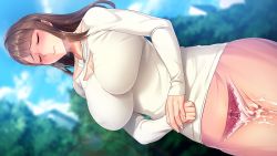 Rule 34 | 1girl, appetite, blurry, blurry background, blush, breasts, breath, brown hair, censored, cleavage, cleavage cutout, closed eyes, clothing aside, clothing cutout, cloud, cum, cum on body, cum on lower body, day, embarrassed, female focus, game cg, groin, jewelry, konoe yuki, large breasts, long hair, mosaic censoring, necklace, original, outdoors, own hands together, panties, panties aside, pantyshot, pink skirt, pussy, skirt, sky, solo, standing, sweatdrop, toumei oyaji no stealth ntr, tree, underwear, x-ray