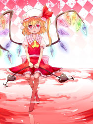 Rule 34 | 1girl, argyle, argyle background, argyle clothes, ascot, barefoot, bespectacled, blonde hair, dress, embodiment of scarlet devil, female focus, flandre scarlet, glasses, hair ribbon, hat, highres, holding, laevatein, red eyes, ribbon, side ponytail, soaking feet, solo, touhou, turupiko, water, wings