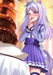 Rule 34 | 1girl, animal ears, blush, bow, chocolate fountain, commentary, cowboy shot, crouching start, dot nose, ear bow, hands up, highres, horse ears, horse girl, horse tail, long hair, long sleeves, mejiro mcqueen (umamusume), nose blush, open mouth, own hands together, pleated skirt, purple eyes, purple hair, purple shirt, purple skirt, sailor collar, school uniform, shirt, skirt, smile, solo, table, tail, thighhighs, tracen school uniform, umamusume
