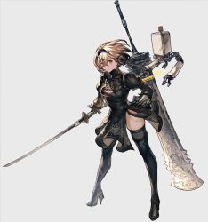 Rule 34 | 1girl, black gloves, black thighhighs, blindfold, blonde hair, boots, breasts, brown eyes, cleavage, cleavage cutout, clothing cutout, cosplay, djeeta (granblue fantasy), dress, floating, floating hair, floating object, floating weapon, gloves, granblue fantasy, grey background, hairband, high heel boots, high heels, holding, holding sword, holding weapon, katana, leotard, long hair, long sleeves, looking at viewer, medium breasts, nier (series), nier:automata, puffy sleeves, short hair, simple background, solo, sword, tarte (hodarake), thigh boots, thighhighs, thighhighs under boots, two-sided fabric, two-sided skirt, weapon, 2b (nier:automata), 2b (nier:automata) (cosplay)
