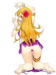 Rule 34 | 10s, 1girl, ass, bad id, bad pixiv id, barefoot, blush, brown hair, censored, condom, condom in mouth, condom wrapper, heart, heart censor, idolmaster, idolmaster million live!, long hair, looking back, mouth hold, namidate, shinomiya karen, solo