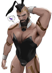 Rule 34 | 1boy, animal ears, arm behind head, armpit hair, armpits, bara, beard, biceps, black hair, brown eyes, bulge, buzz cut, ear piercing, earrings, facial hair, feet out of frame, hairy, highres, jewelry, league of legends, looking to the side, male focus, male playboy bunny, manly, mature male, mohawk, muscular, muscular male, original, pantheon (league of legends), pectorals, piercing, rabbit ears, short hair, simple background, smile, sociopotato1, solo, speech bubble, tattoo, teeth, thick arms, thick eyebrows, thick thighs, thighs, tight clothes, very short hair, white background